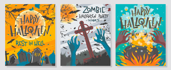 Collection of Halloween greetings with lettering,witch cauldron,zombie hands,cemetery,moon and bats.Perfect for prints,party flyers,cards,promos,invitations and more.Vector Halloween illustrations.