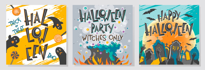 Collection of Halloween greetings with lettering,witch cauldron,zombie hands,cemetery,moon and bats.Perfect for prints,party flyers,cards,promos,invitations and more.Vector Halloween illustrations.