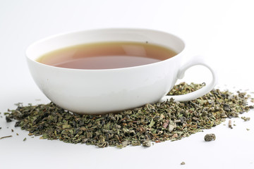 close up of gunpowder and mint tea