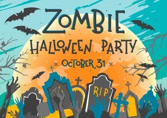 Foto auf Acrylglas Halloween party poster with lettering,zombie hands,bats and cemetery.Halloween design perfect for prints,flyers,banners invitations,greeting scrapbooking and more.Vector Halloween illustration. © Xenia Artwork 
