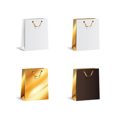 Vector set of empty shopping bags with gold. White black gold color. Realistic Isolated mock up collection shopping bags