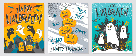 Fototapeta premium Collection of Halloween greetings with hand painted lettering,ghosts,pumpkins and spider web.Perfect for prints,party flyers,cards,promos,holiday invitations and more.Vector Halloween illustrations.