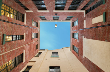 sky view from below between buildings concept and space for your text