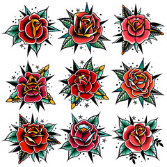 old school tattoo red roses with leaves set