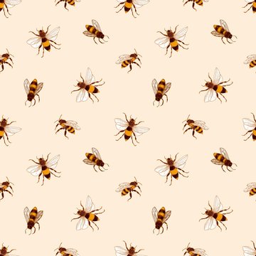Elegant seamless pattern with honey bees on light background