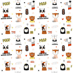 Super cute animal seamless pattern in vector. Trendy illustration with funny animals and cool typography. White background. Panda, bear, zebra, penguin, dog. Scandinavian kids collection