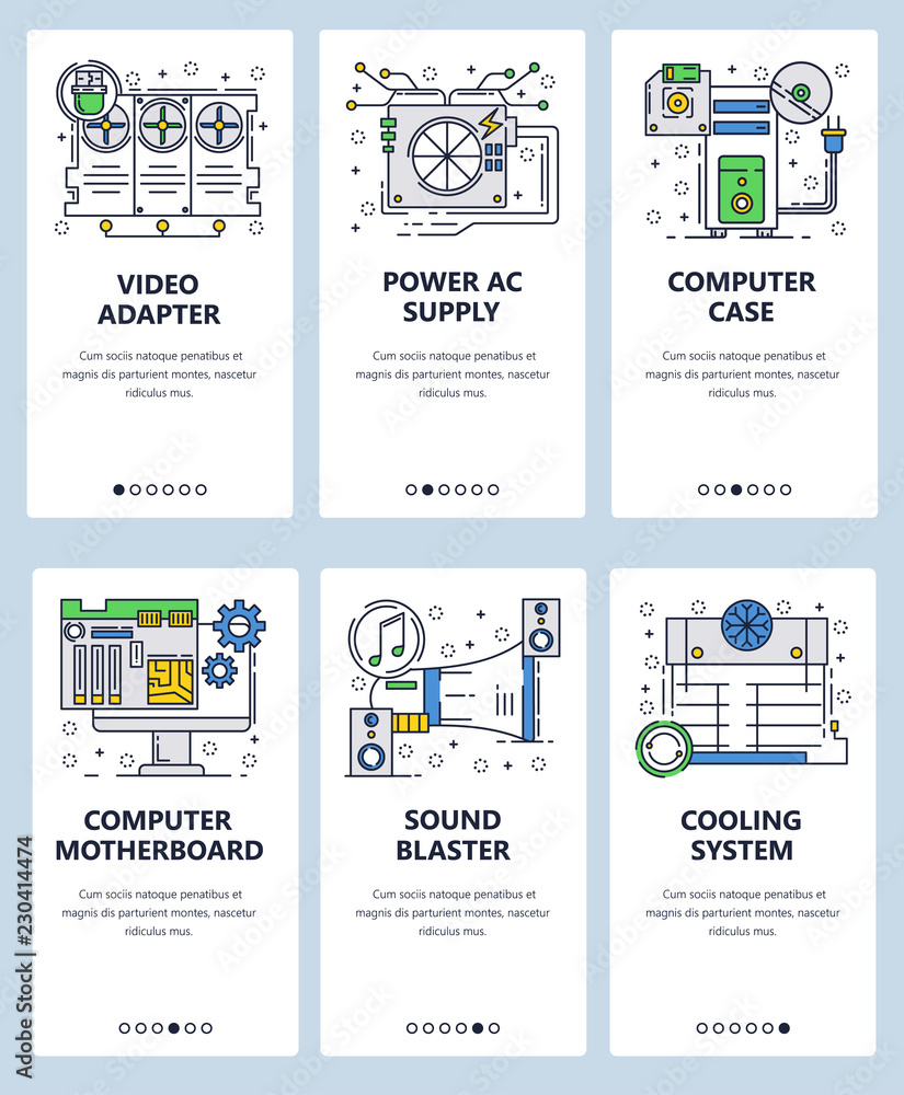Poster vector web site linear art onboarding screens template. computer system motherboard circuit and chip