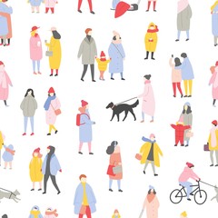 Seasonal seamless pattern with tiny men, women and children dressed in winter clothes walking on city street, riding bike, standing and talking. Colorful vector illustration in flat cartoon style.