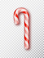 Realistic Xmas candy cane isolated on transparent backdrop.Template for greeting card on Christmas and New Year. Vector illustration