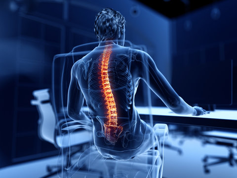 3d rendered illustration of a man working on a pc - having a painful back