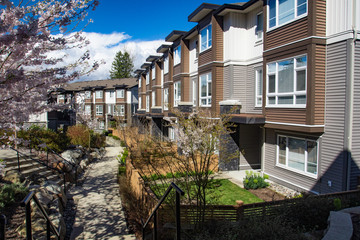 New modern low rise appartament complex on a sunny spring day with blooming sakura trees.