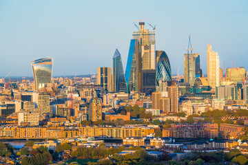 Aerial view of the London City central area from Canary Wharf, other side of the Thames river.