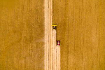 Harvesting of wheat in summer. red and yellow harvesters working in the field. Combine harvester...