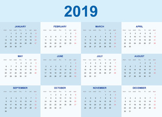 Calendario 2019 en inglés. Azul crema.