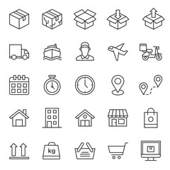 set of delivery service and logistic distribution process icon, with simple thin line and modern concept, editable stroke, costumer service courier, packaging, ecommerce startup business.