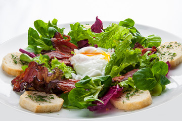 Salad with bacon and poached egg on a white plate
