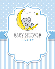 baby shower boy. Cute elephant sleeping on the moon
