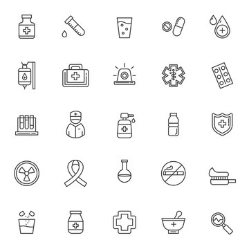 set of medical icons, with simple black line, editable stroke, use for healthcare or hospital web icon asset and pictogram presentation, herbal, medicine, medic, style, medical illustration.