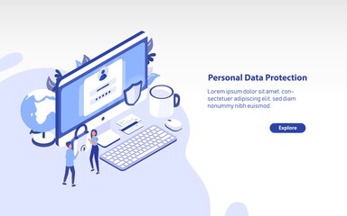 Web banner template with giant computer, pair of tiny people carrying padlock and place for text. Personal data protection, secure digital information access. Colorful isometric vector illustration.