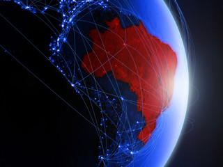 Brazil on blue digital planet Earth with network. Concept of connectivity, travel and communication.