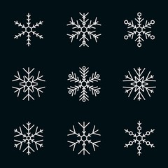 Vector collection of snowflakes, white icon on a black background