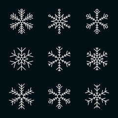 Vector collection of snowflakes, white icon on a black background