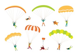 Collection of parachutists and skydivers isolated on white background. Bundle of people performing free fall, parachuting and wingsuit flying. Colorful vector illustration in flat cartoon style.