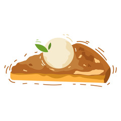 Hot delicious piece of apple pie with vanilla ice cream. Hand drawn isolated illustration with the inscription on a white background