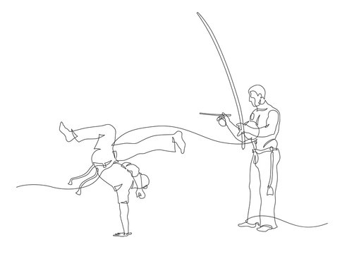 Simple art line of capoeira fighter and man playing on berimbau. Contour Isolated on white. vector illustration