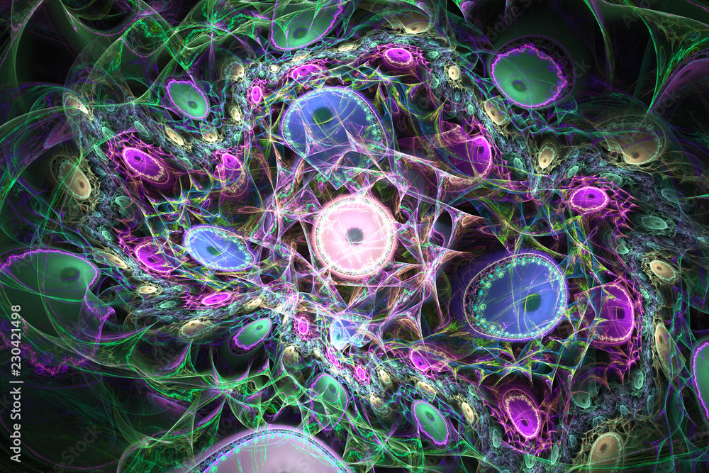 Poster abstract floral pattern of different fractal circles. calm colors. digital artwork. fractal graphics