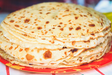 Appetizing fresh pancakes at Shrovetide