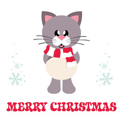 Obraz premium winter cartoon cute cat with scarf and christmas text