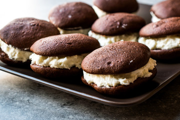 Homemade Chocolate Whoopie Pies Filled with Vanilla Butter Cream.