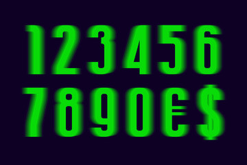 Vibrant lime green shades numbers with currency signs of dollar and euro.