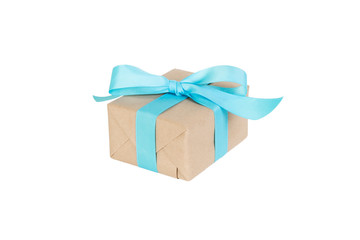 Gift box with blue ribbon isolated on white background. holiday concept you you design. perspective view