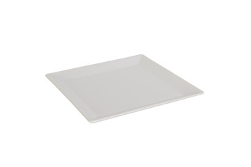 Side view of empty square white plate, isolated on white background, top view