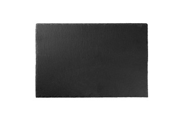 Empty black slate plate isolated on white background. slate board isolated. top view