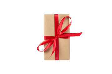 Gift box with red ribbon isolated on white background. holiday concept you you design. top view
