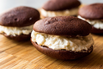 Homemade Chocolate Whoopie Pies Filled with Vanilla Butter Cream.