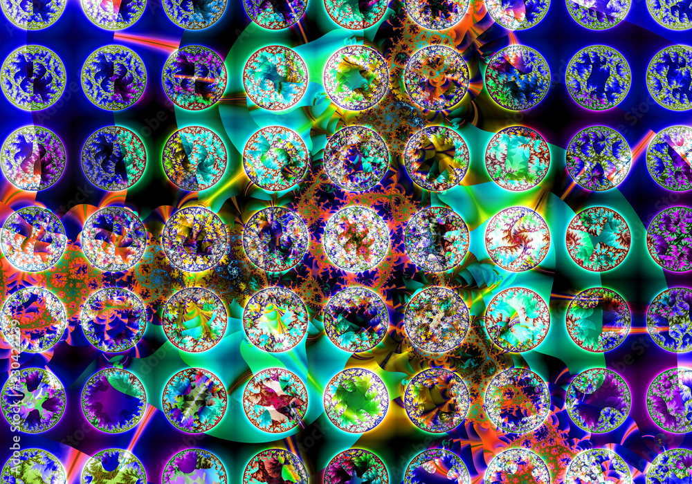 Poster abstract floral pattern of different fractal circles. ..cellular structure. bright colors and sparkl