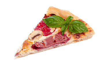 Slice of fresh italian classic original Pizza isolated on white background
