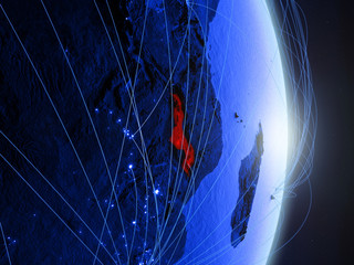 Malawi on blue digital planet Earth with network. Concept of connectivity, travel and communication.