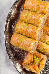 baklava fresh on a plate, baklava served with pistachio