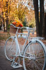 Fototapeta premium Vintage bicycle with flowers on autumnal landscape in the background