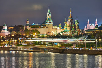 Moscow. Kremlin and Saint Basil's Cathedral view in twilight.