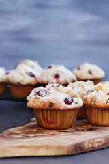 Cranberry Muffins with lemon sugar topping on a rustic cutting board with raw berries. Muffins on cooling rack in background. Shallow depth of field with selective focus on muffin in foreground.