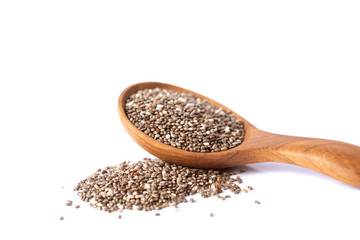 Close up a Chia seeds in wooden spoon , superfood and rich of nutrient an antioxidant
