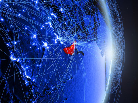 United Arab Emirates on blue digital planet Earth with network. Concept of connectivity, travel and communication.