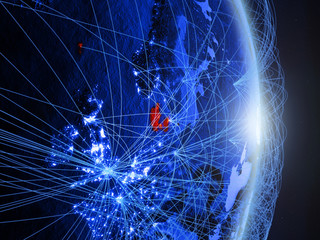 Denmark on blue digital planet Earth with network. Concept of connectivity, travel and communication.