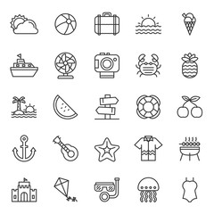 Naklejka premium set of summer holiday party icon, with simple outline and modern concept, editable stroke, use for travel reservation web assest and infographic pictogram, toursim, traveling, beach party celebrate